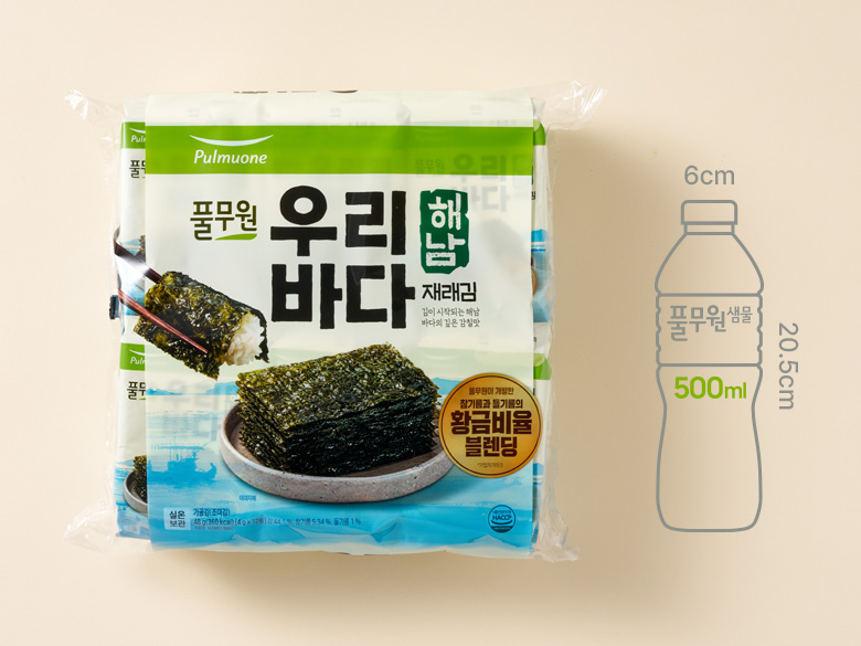 크기 비교 — 제품 패키지와 500ml 생수병 실루엣(00cm x 00cm)