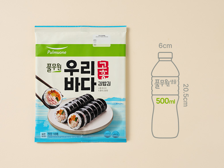 크기 비교 — 제품 패키지와 500ml 생수병 실루엣(00cm x 00cm)