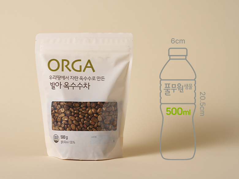 크기 비교 — 제품 패키지와 500ml 생수병 실루엣(00cm x 00cm)