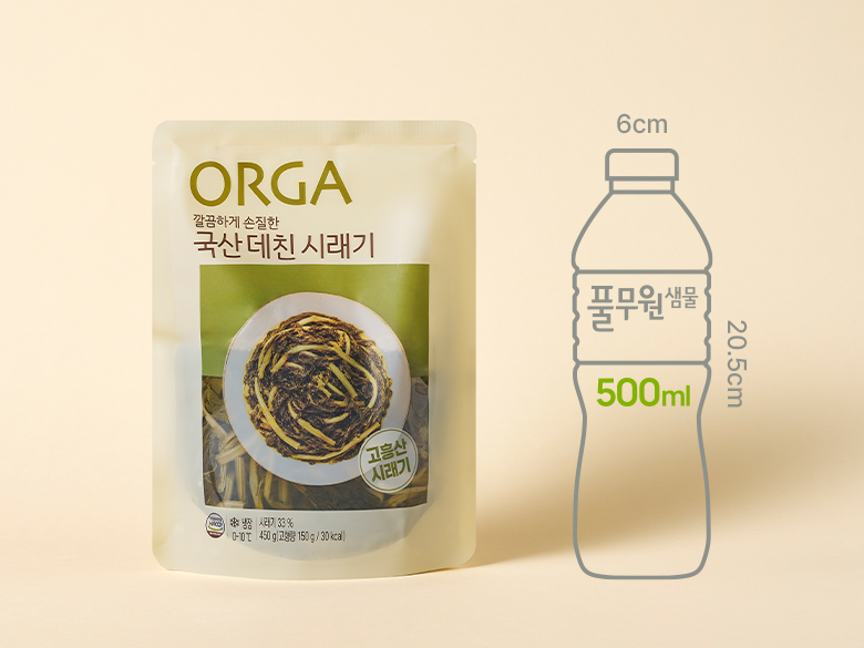 크기 비교 — 제품 패키지와 500ml 생수병 실루엣(00cm x 00cm)