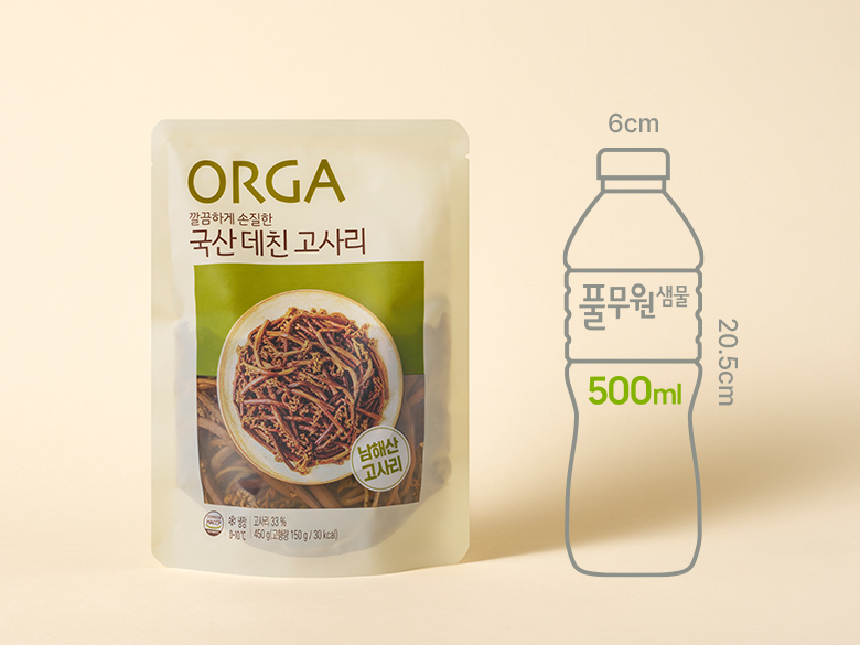 크기 비교 — 제품 패키지와 500ml 생수병 실루엣(00cm x 00cm)