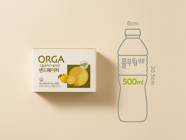 크기 비교 — 제품 패키지와 500ml 생수병 실루엣(00cm x 00cm)