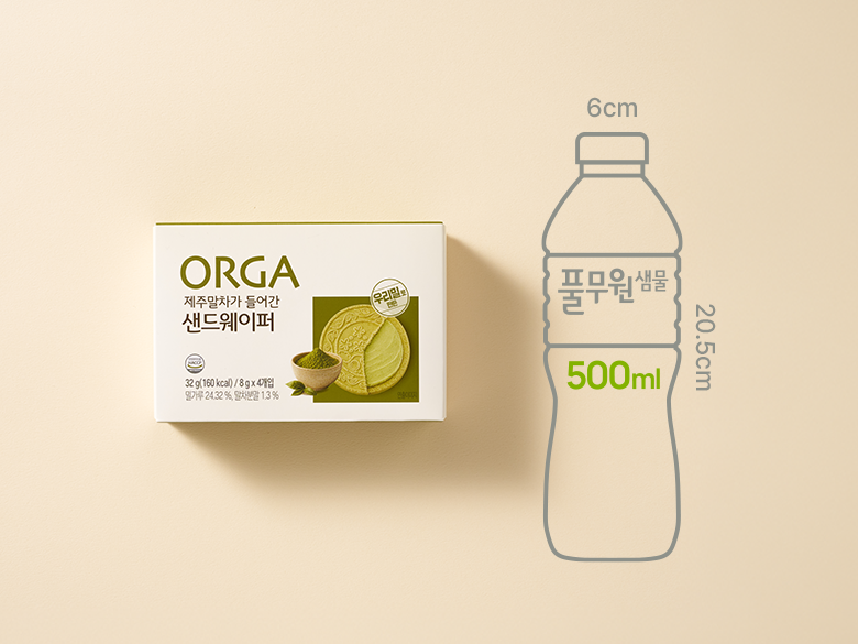 크기 비교 — 제품 패키지와 500ml 생수병 실루엣(00cm x 00cm)